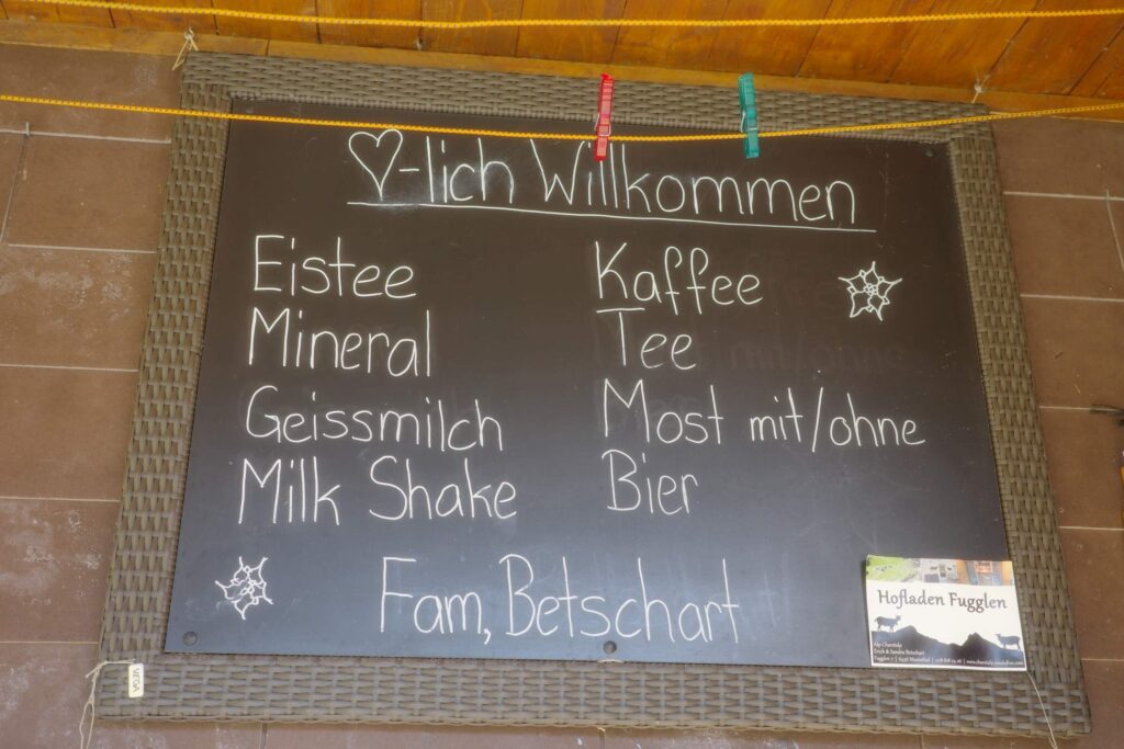 Carte des boissons à l'alpage de la famille Betschart.